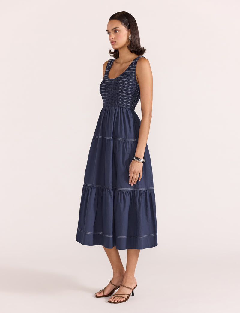 Staple the Label - Asta Shirred Midi Dress Navy